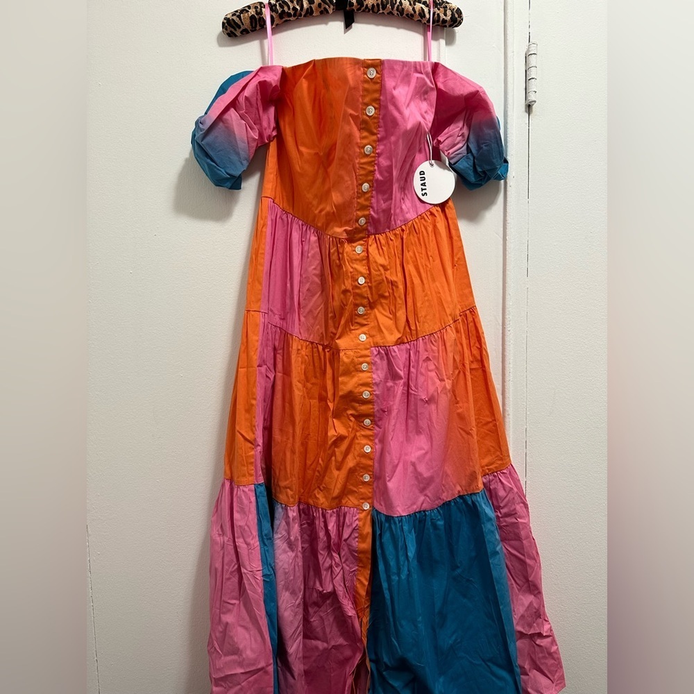 NWT $348 STAUD Elio Multicolor Tiered Off-Shoulder Cotton Maxi Dress 10 - Picture 4 of 7